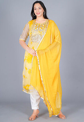 Marble Dyed Organza Straight Suit in Mustard
