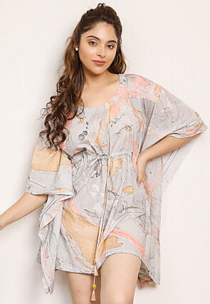 Marble Printed Cotton Clinched Waist Kaftan in Light Grey