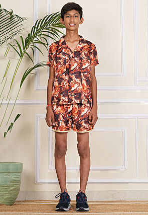 Marble Printed Modal Satin Co Ord Set in Shaded Brown