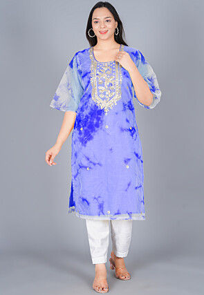 Marble Printed Organza Straight Kurta Set in Shaded Blue