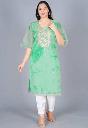 Marble Printed Organza Straight Kurta Set in Shaded Green
