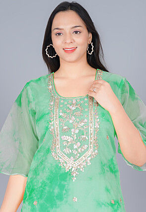Marble Printed Organza Straight Kurta Set in Shaded Green