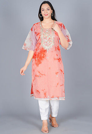 Marble Printed Organza Straight Kurta Set in Shaded Peach