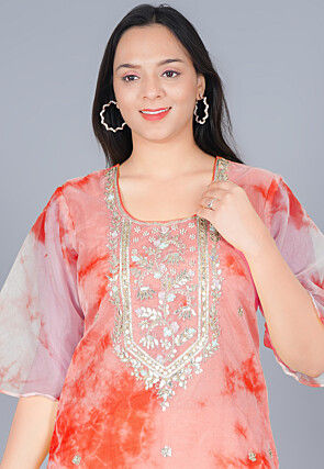 Marble Printed Organza Straight Kurta Set in Shaded Peach