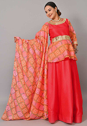Maternity Art Silk Lehenga in Coral Red