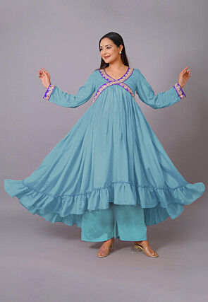Asymmetric blue indo western outfit shop