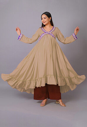 Maternity Chinon Crepe Asymmetric Kurta Set in Beige