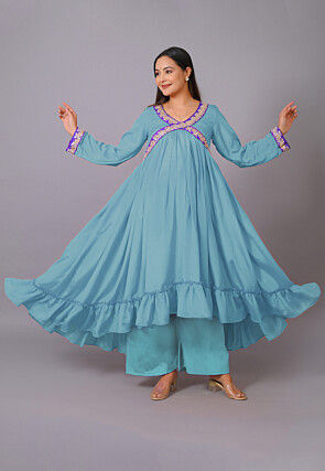 Maternity Chinon Crepe Asymmetric Kurta Set in Sky Blue