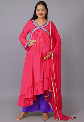 Maternity Chinon Crepe Asymmetric Pakistani Suit in Coral Pink
