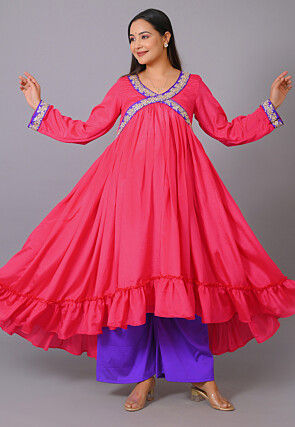 Maternity Chinon Crepe Flared Kurta Set in Coral Pink
