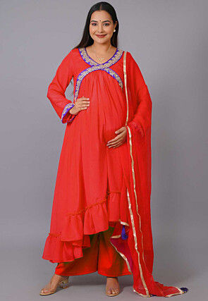 Maternity Chinon Crepe Pakistani Suit in Red
