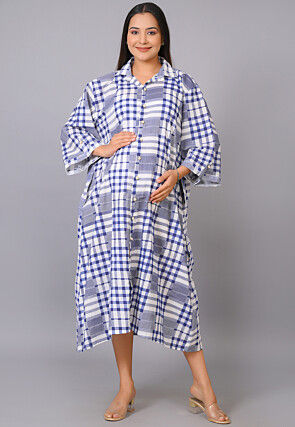 Maternity Cotton Front Open Dress in Blue and White