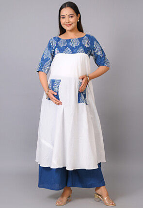 Maternity Cotton Kurta Set in Indigo Blue and White