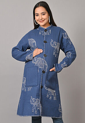 Maternity Cotton Long Jacket in Indigo Blue
