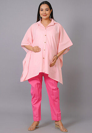 Maternity Cotton Shirt Set in Baby Pink