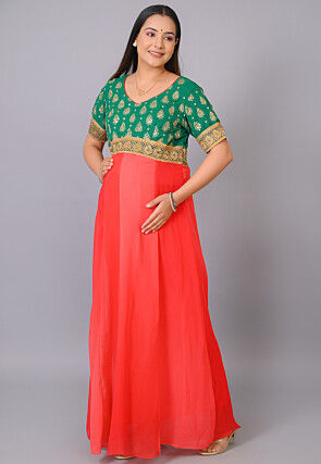 Maternity Georgette Anarkali Kurta in Shaded Red and Green