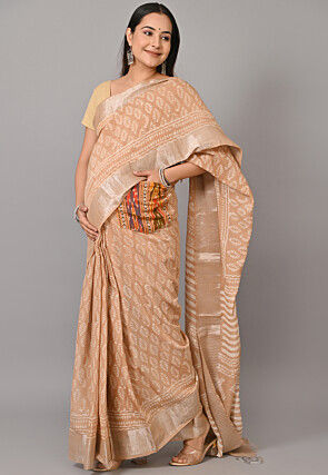 Maternity Pre - Stitched Chanderi Cotton Saree in Beige