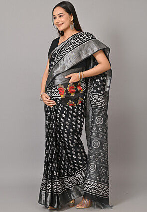 Maternity Pre - Stitched Chanderi Cotton Saree in Black