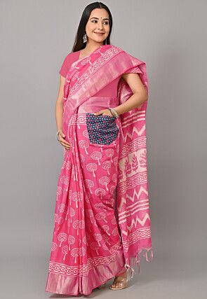Maternity Pre - Stitched Chanderi Cotton Saree in Pink