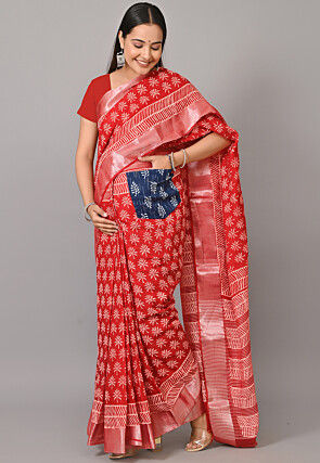 Maternity Pre - Stitched Chanderi Cotton Saree in Red