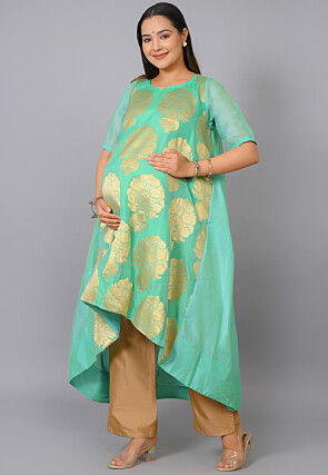 Maternity Pure Chanderi Brocade Asymmetric Kurta in Sea Green