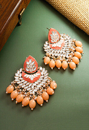 Innovative Orange Color Gold Finished Kundan Crystal Pearl Carved Earrings