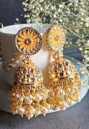 Meenakari Jhumka Style Earrings with Ear Chain