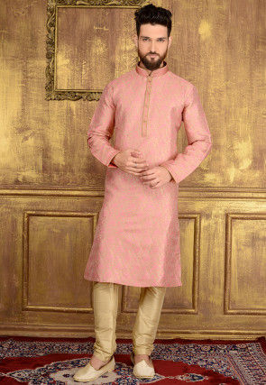 Woven Art Silk Jacquard Kurta Set in Pink