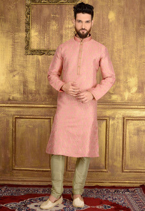 Woven Art Silk Jacquard Kurta Set in Pink
