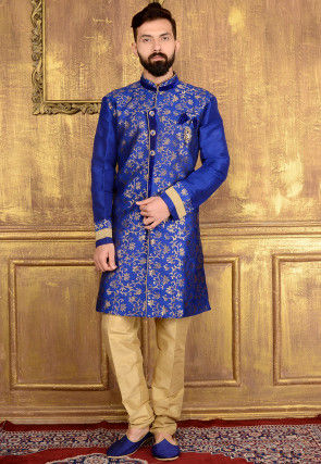 Woven Art Silk Jacquard Sherwani in Blue