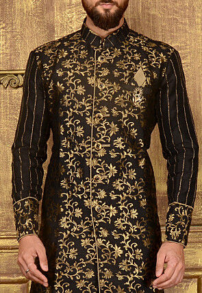 Woven Art Silk Jacquard Sherwani in Black