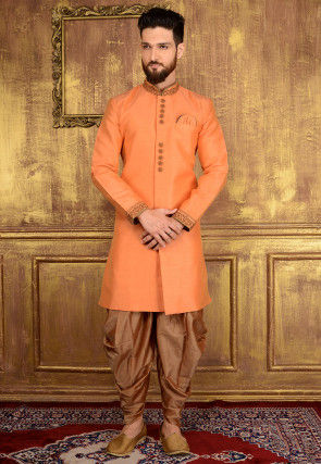 Plain Art Silk Sherwani in Pastel Orange