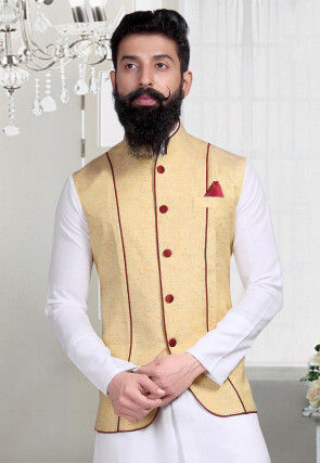 Plain Linen Silk Nehru Jacket in Light Yellow