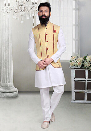 Plain Linen Silk Nehru Jacket in Light Yellow