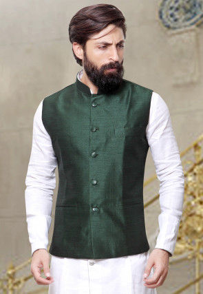 Plain Art Silk Nehru Jacket in Dark Green