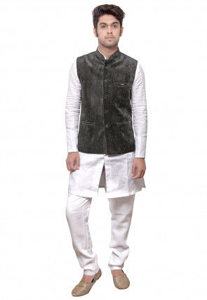 Plain Linen Kurta Set in White