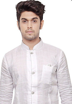 Plain Linen Kurta Set in White