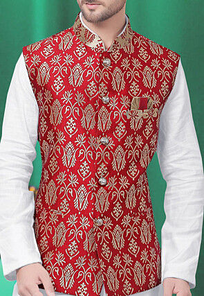 Woven Art Silk Jacquard Nehru Jacket in Red