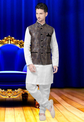 Brocade Nehru Jacket in Antique and Navy Blue