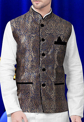 Brocade Nehru Jacket in Antique and Navy Blue