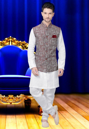 Woven Cotton Jacquard Nehru Jacket in White and Maroon
