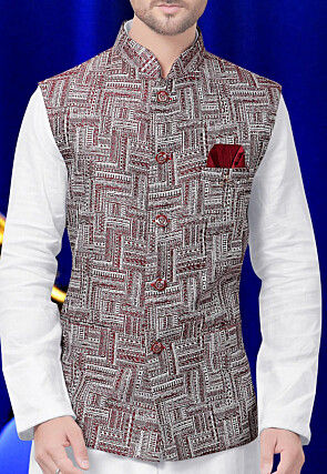 Woven Cotton Jacquard Nehru Jacket in White and Maroon