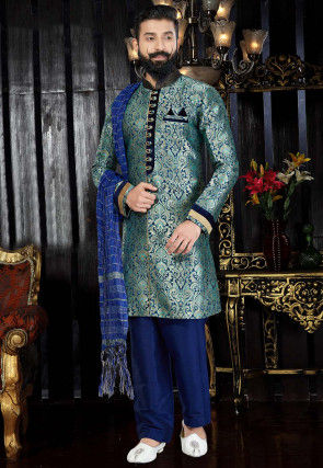 Woven Art Silk Jacquard Sherwani in Teal Blue
