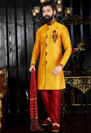 Hand Embroidered Art Silk Sherwani in Yellow