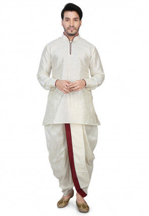 Contrast Patch Border Dupion Silk Short Dhoti Kurta in Off White
