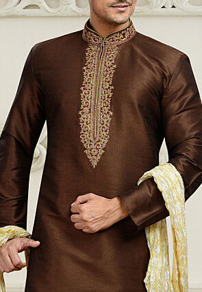 Embroidered Art Dupion Silk Kurta Set in Brown