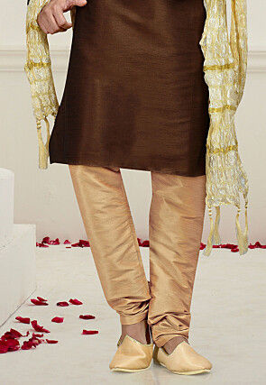 Embroidered Art Dupion Silk Kurta Set in Brown