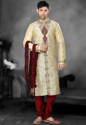 Embroidered Dupion Silk Kurta Churidar in Beige