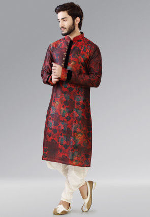 Printed Dupion Silk Dhoti Kurta in Red