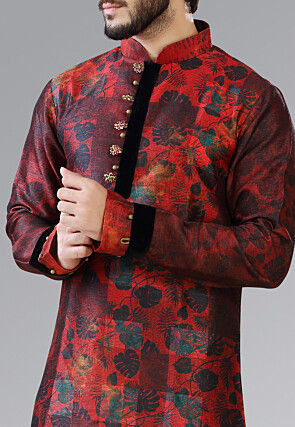 Printed Dupion Silk Dhoti Kurta in Red